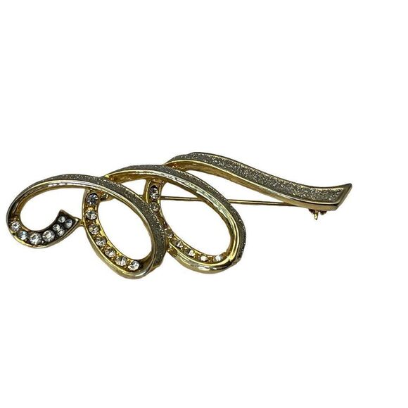 Gold Ribbon Bow Brooch Clear Rhinestones Pin Pave Vintage Statement Piece - Picture 3 of 5